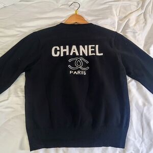 CHANEL Black Cardigan with White Logo